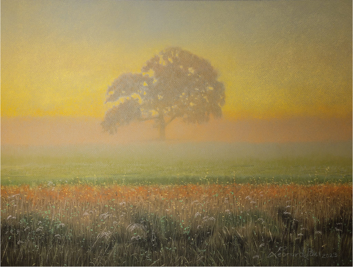 A solitary tree at golden hour above a field of wildflowers - back cover painting by Leonard Paul, 2023.